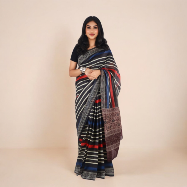 Multicoloured Chanderi Silk Saree with Floral Pattern & Stripes