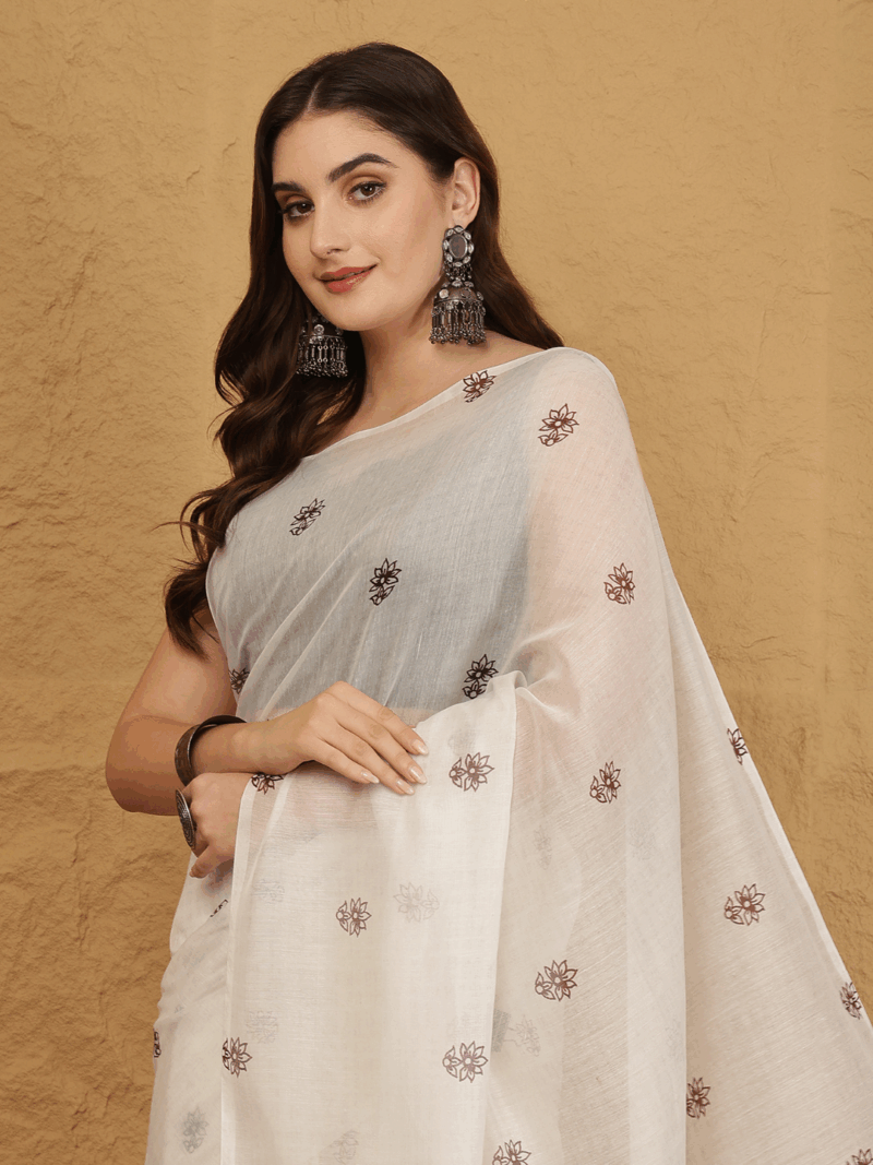 White Chanderi Silk Saree with Floral Motifs - Image 3