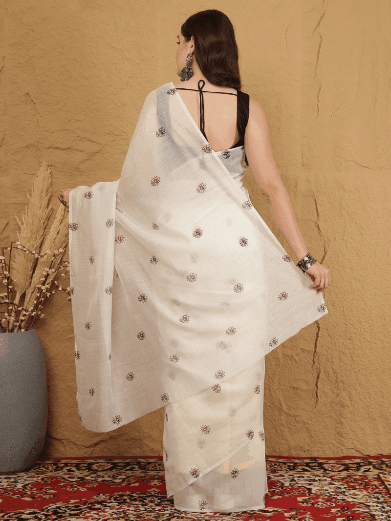 White Chanderi Silk Saree with Floral Motifs - Image 4