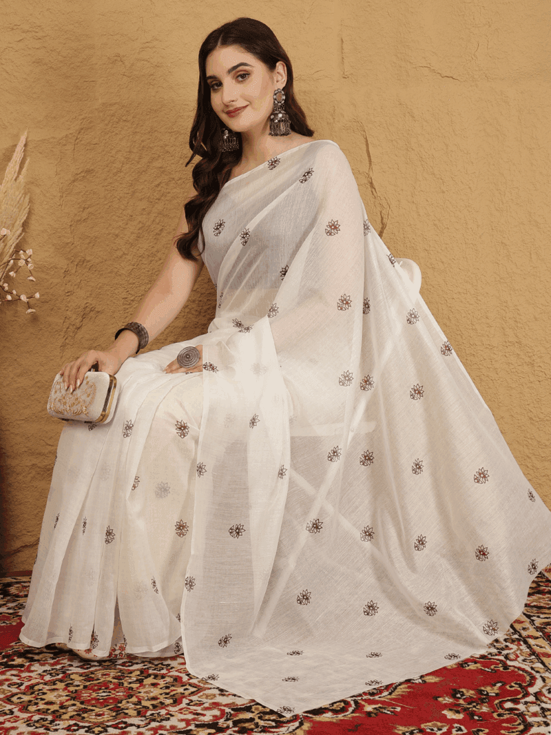 White Chanderi Silk Saree with Floral Motifs - Image 5