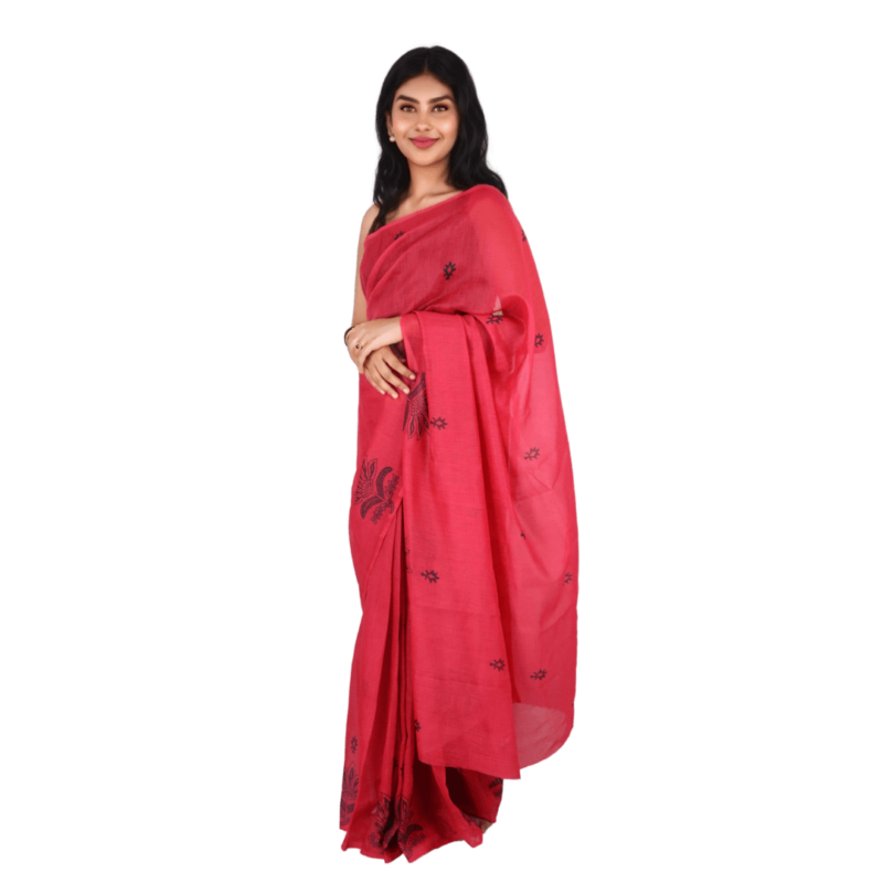 Pink Chanderi Silk Saree with Floral Print - Image 3