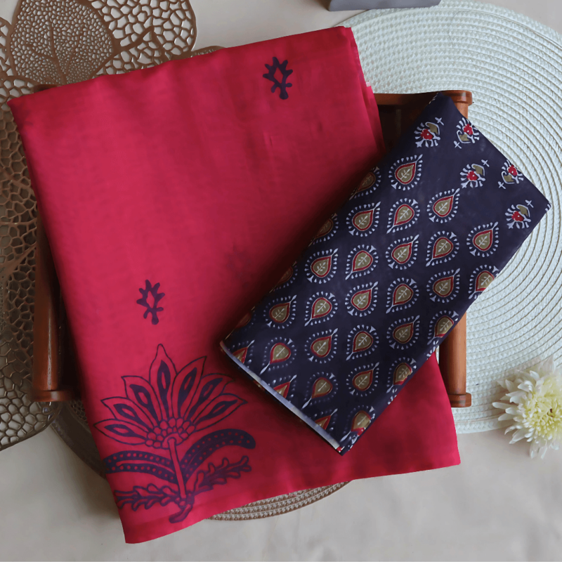 Pink Chanderi Silk Saree with Floral Print - Image 6