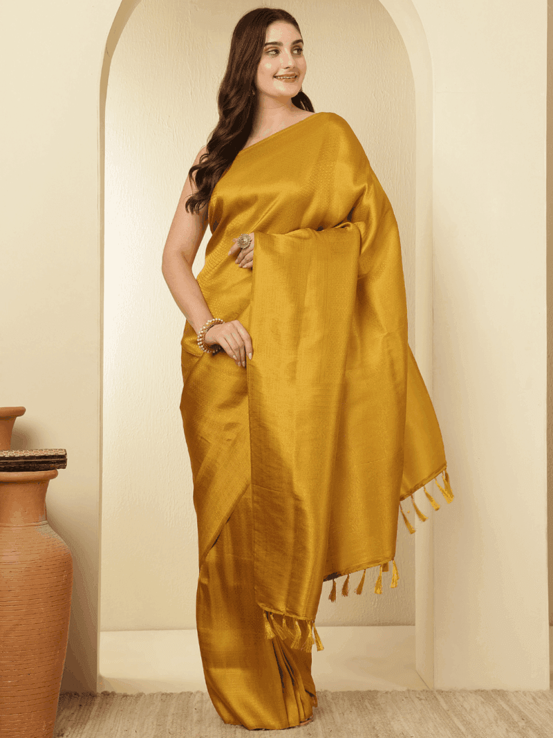 Mustard Yellow Kanjeevaram Silk Saree with Zari Border - Image 2