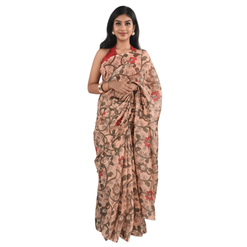 Elegant Peach Chanderi Silk Saree with Botanical Print - Image 3