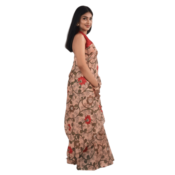 Elegant Peach Chanderi Silk Saree with Botanical Print