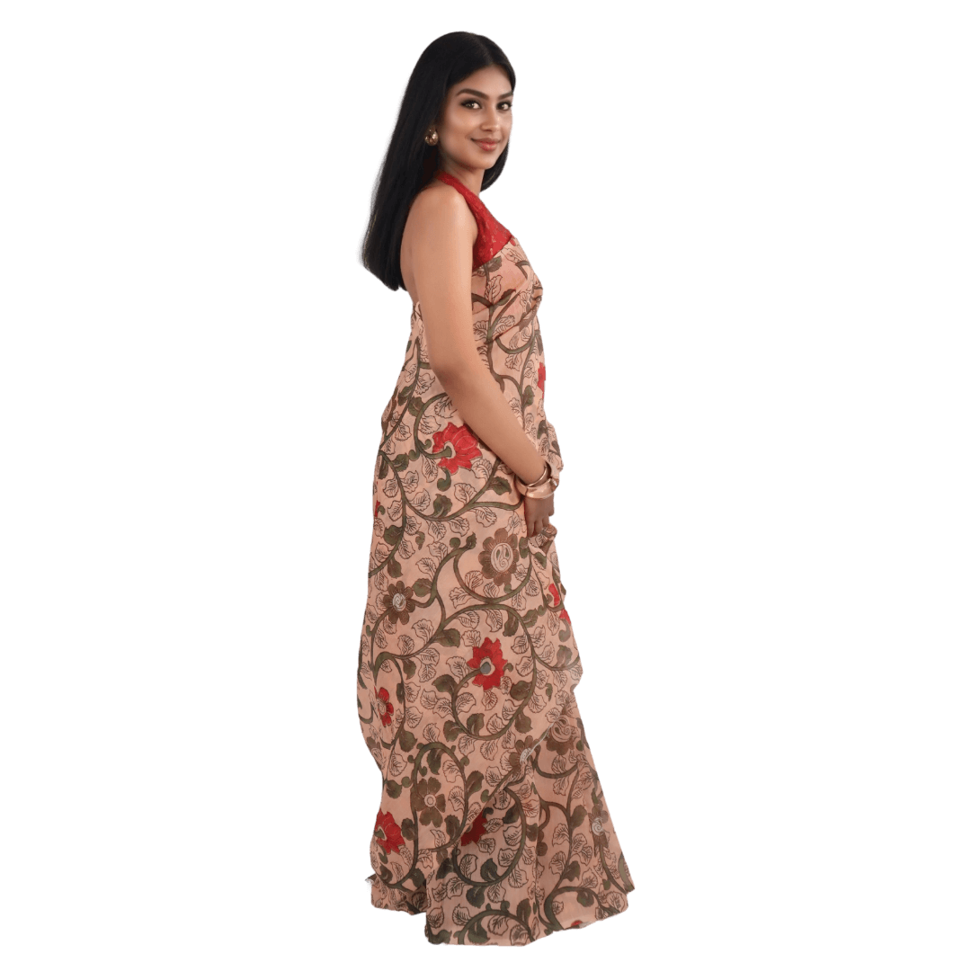 Elegant Peach Chanderi Silk Saree with Botanical Print