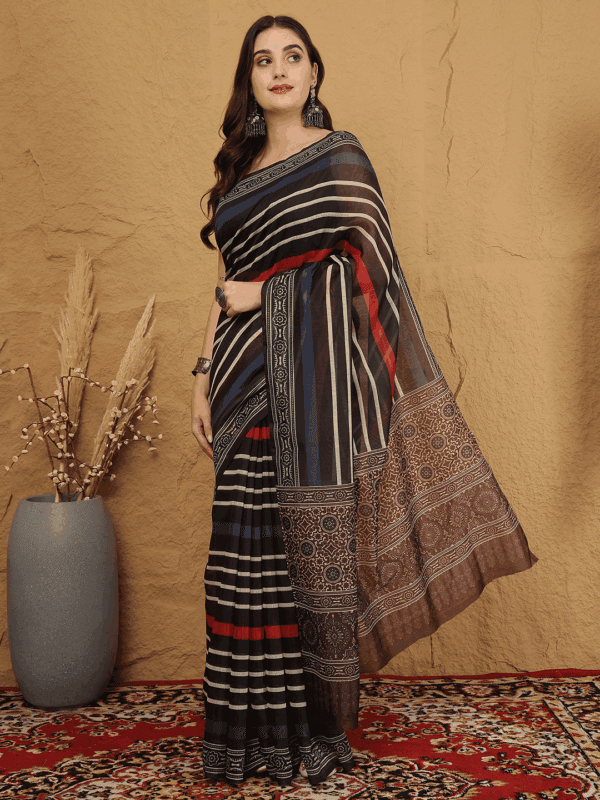 Multicoloured Chanderi Silk Saree with Floral Pattern & Stripes
