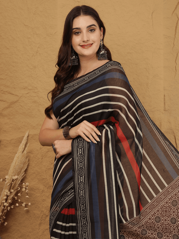 Multicoloured Chanderi Silk Saree with Floral Pattern & Stripes