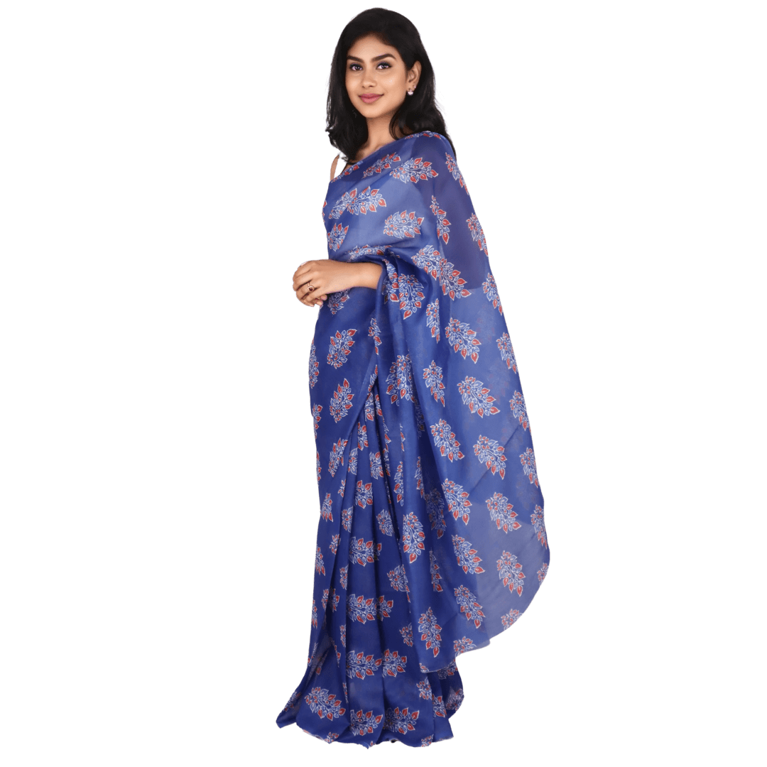 Elegant Blue Chanderi Silk Saree with Floral Motifs