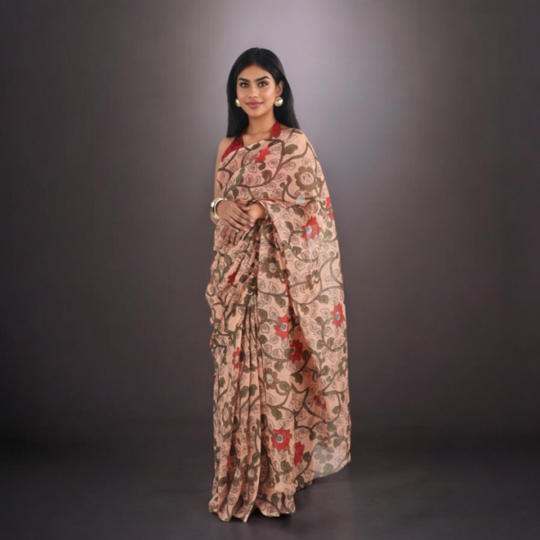 Elegant Peach Chanderi Silk Saree with Botanical Print