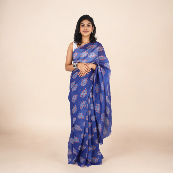 Elegant Blue Chanderi Silk Saree with Floral Motifs