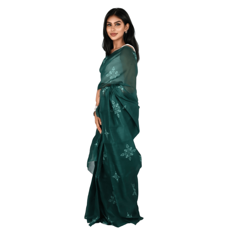 Elegant Green Chanderi Silk Saree with Floral Motifs - Image 3