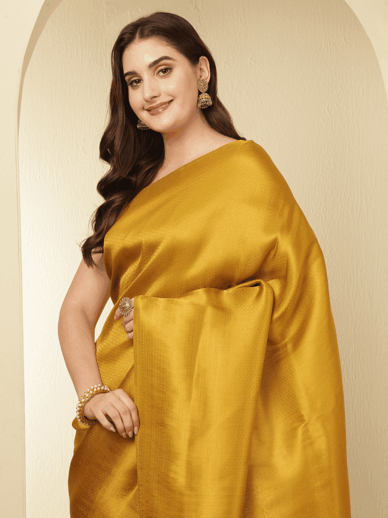 Mustard Yellow Kanjeevaram Silk Saree with Zari Border - Image 5
