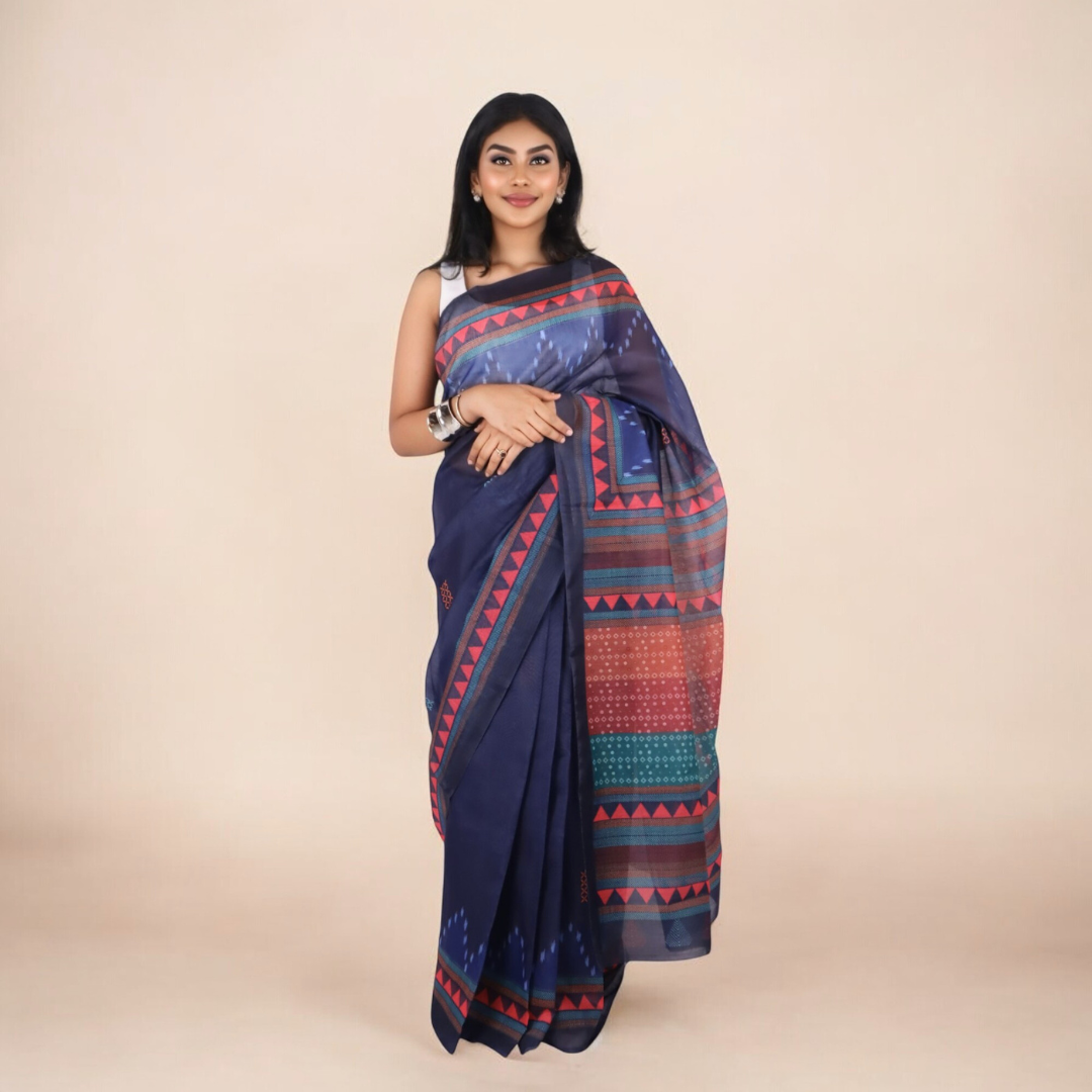 Graceful Blue Chanderi Silk Saree with Floral Motifs