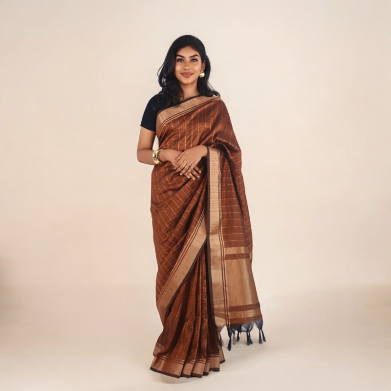 Brown Banarasi Raw Silk Saree with Zari Border