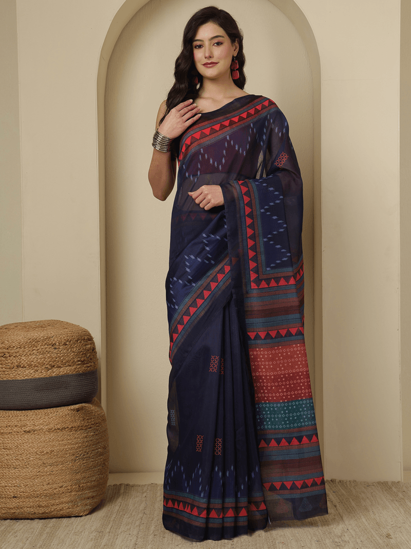 Graceful Blue Chanderi Silk Saree with Floral Motifs