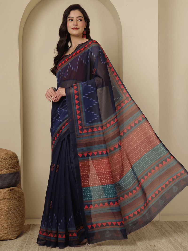 Graceful Blue Chanderi Silk Saree with Floral Motifs - Image 2