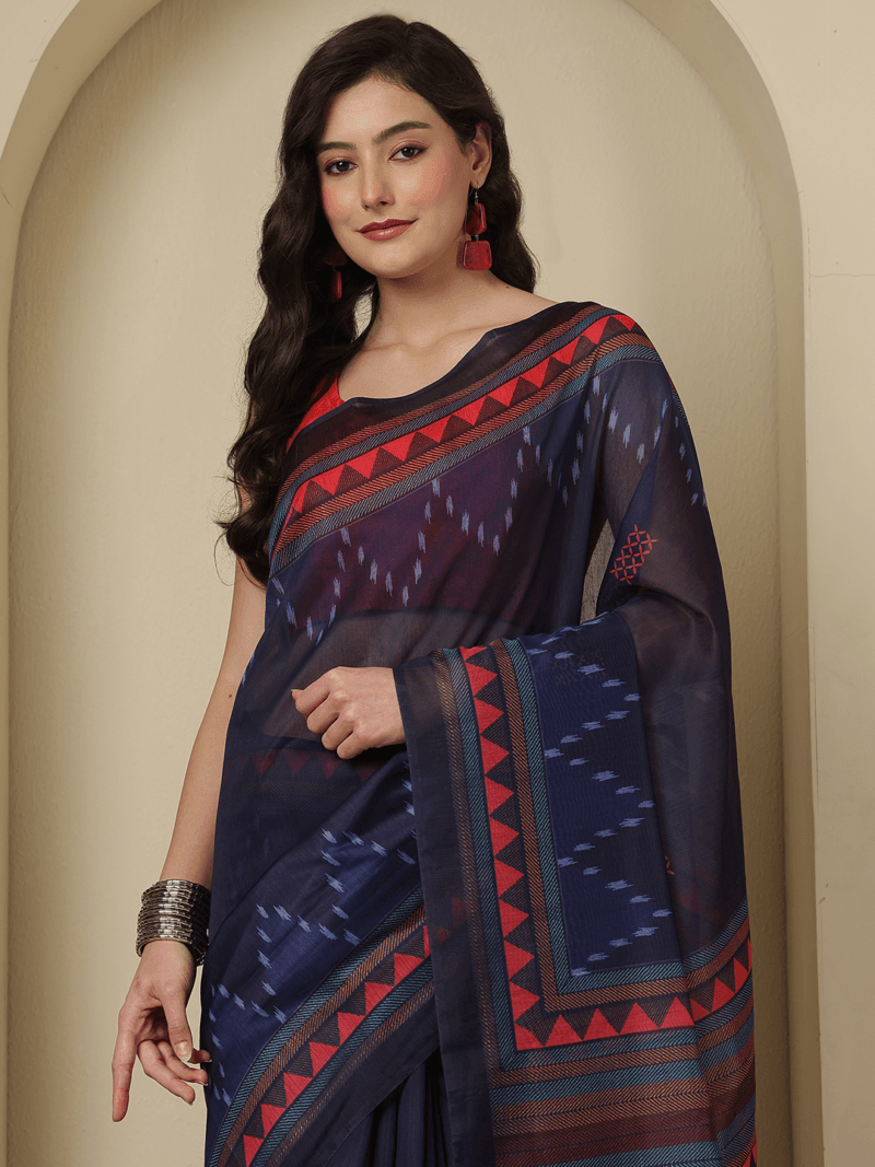 Graceful Blue Chanderi Silk Saree with Floral Motifs - Image 3
