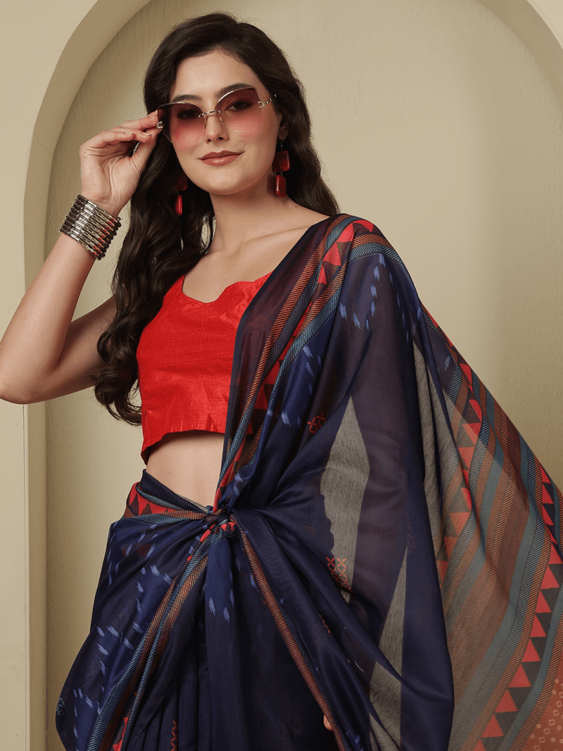 Graceful Blue Chanderi Silk Saree with Floral Motifs - Image 5