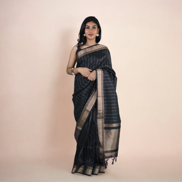 Black Banarasi Raw Silk Saree with Zari Border