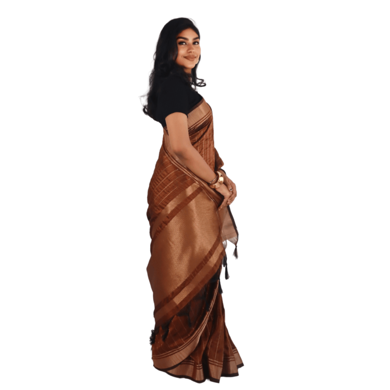 Brown Banarasi Raw Silk Saree with Zari Border - Image 4