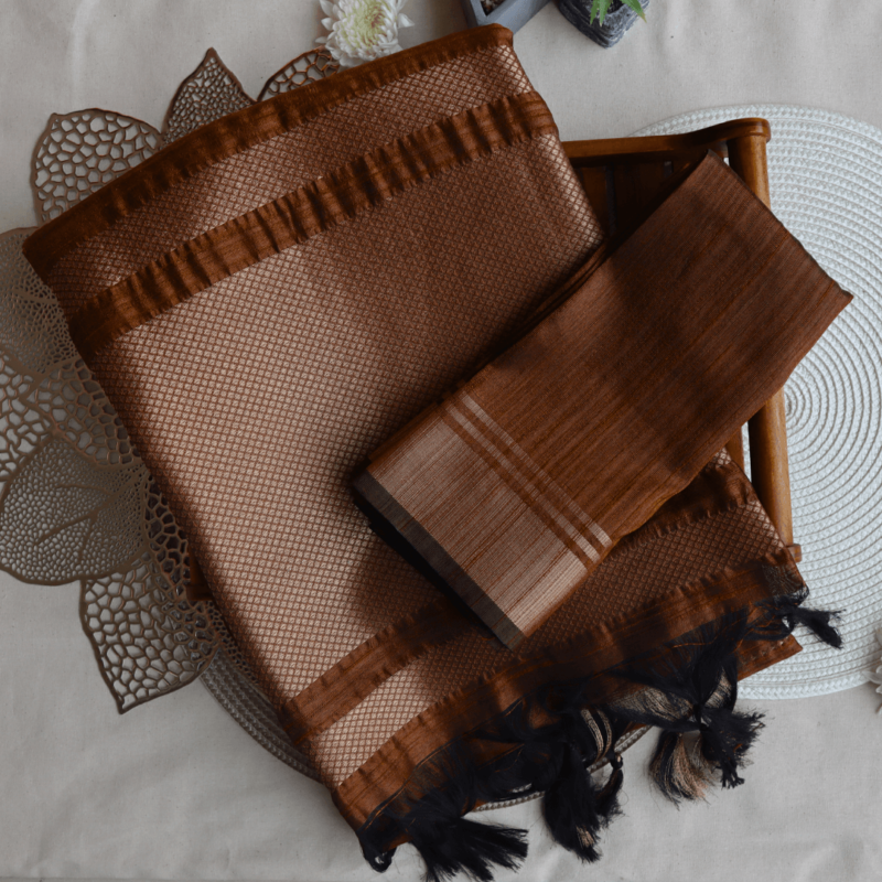 Brown Banarasi Raw Silk Saree with Zari Border - Image 8