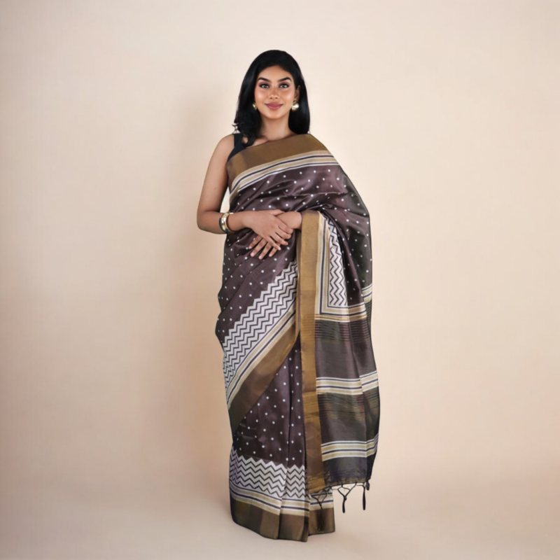 Brown Kosa Silk Saree with Zari Border