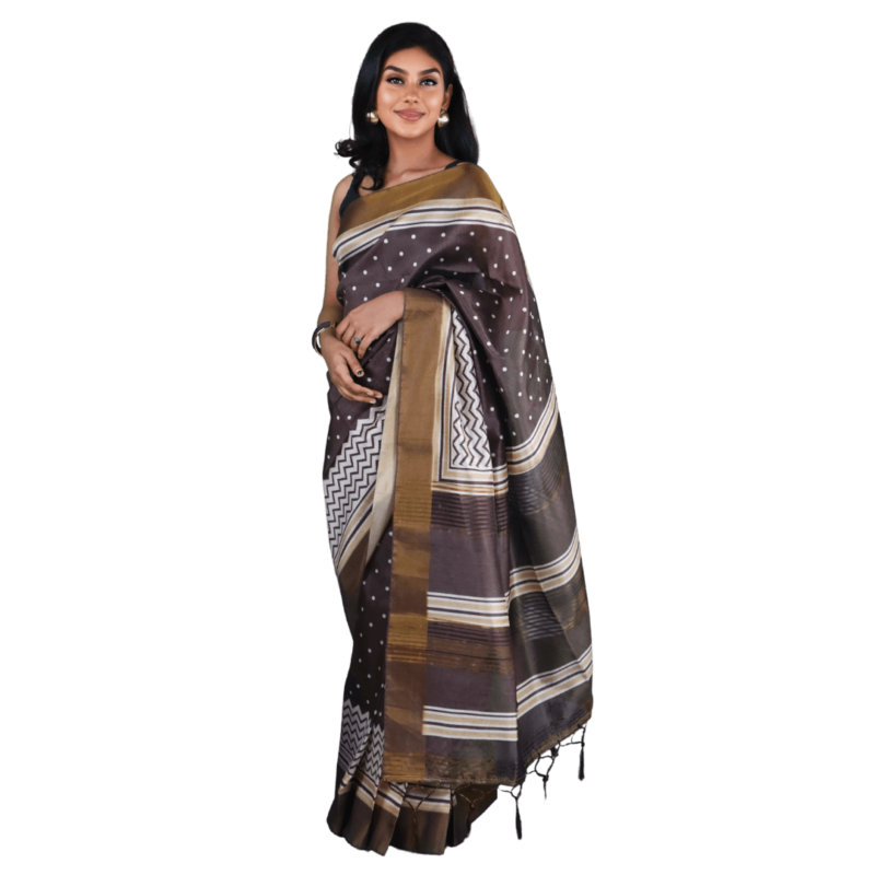 Brown Kosa Silk Saree with Zari Border - Image 4