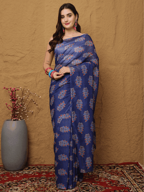 Elegant Blue Chanderi Silk Saree with Floral Motifs