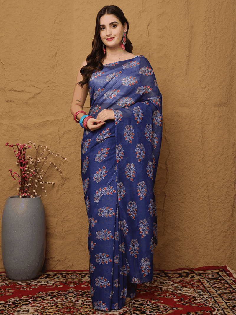 Elegant Blue Chanderi Silk Saree with Floral Motifs