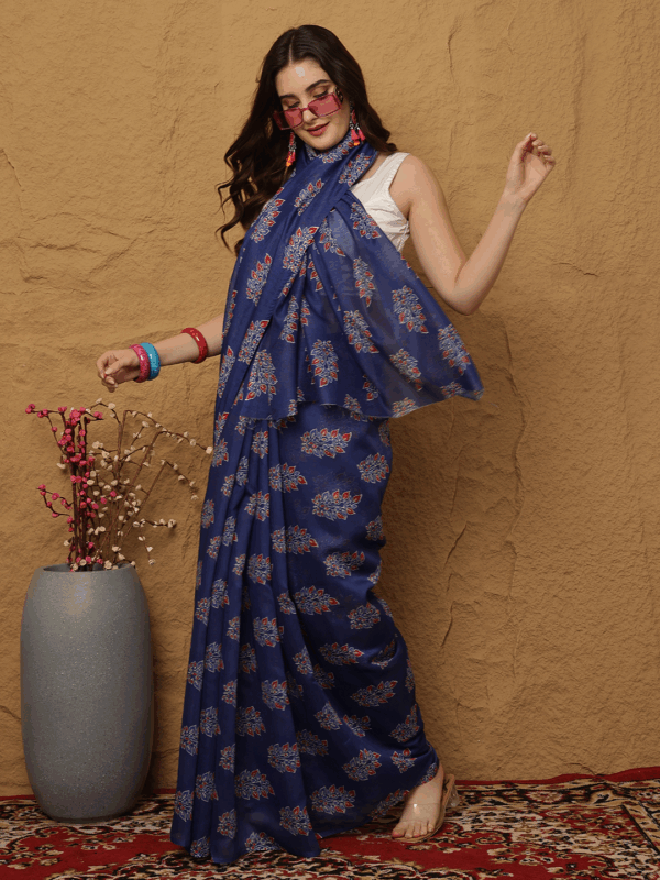 Elegant Blue Chanderi Silk Saree with Floral Motifs