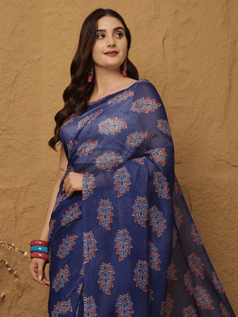Elegant Blue Chanderi Silk Saree with Floral Motifs - Image 3