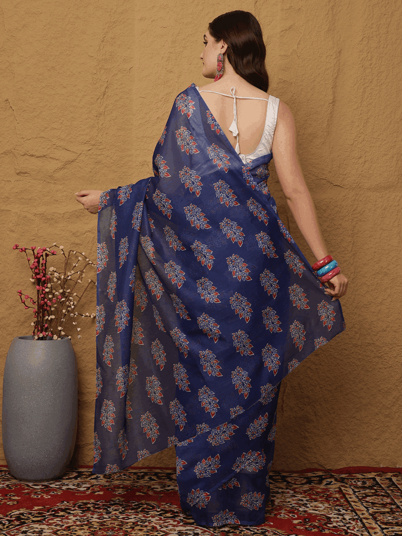 Elegant Blue Chanderi Silk Saree with Floral Motifs - Image 4