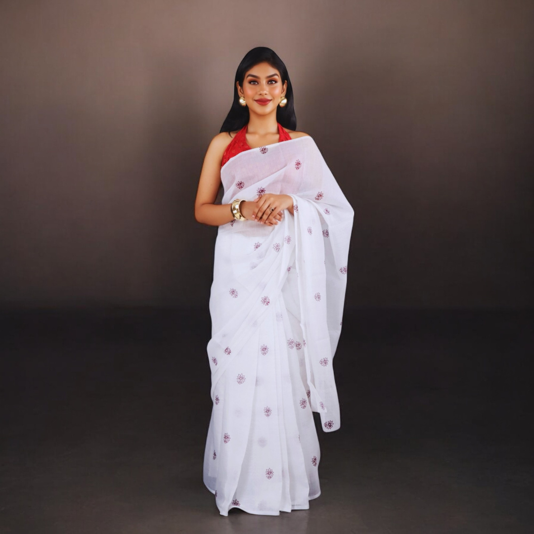 White Chanderi Silk Saree with Floral Motifs