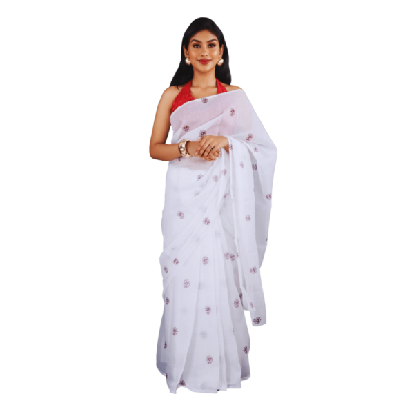 White Chanderi Silk Saree with Floral Motifs