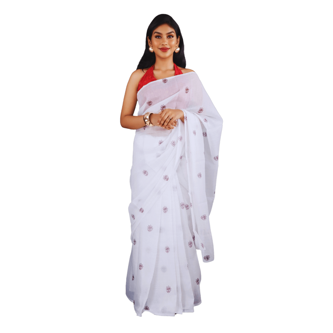 White Chanderi Silk Saree with Floral Motifs