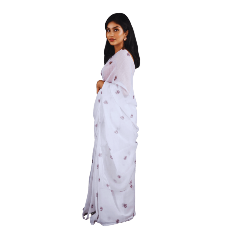 White Chanderi Silk Saree with Floral Motifs - Image 3