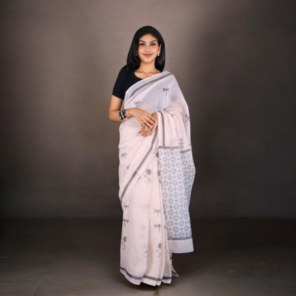 White Chanderi Silk Saree with Dragonfly & Ethnic Motifs