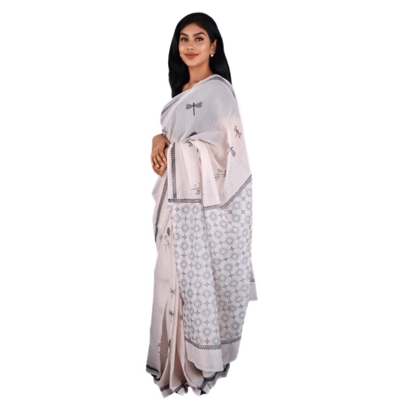 White Chanderi Silk Saree with Dragonfly & Ethnic Motifs - Image 3