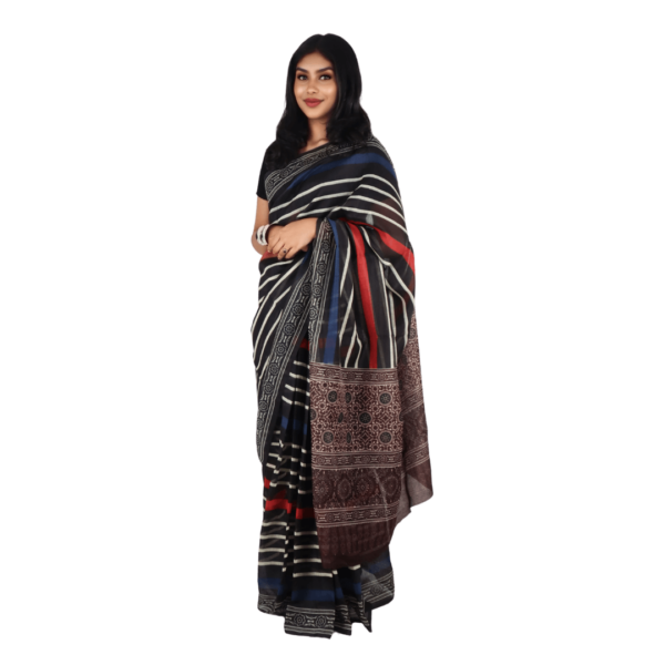 Multicoloured Chanderi Silk Saree with Floral Pattern & Stripes