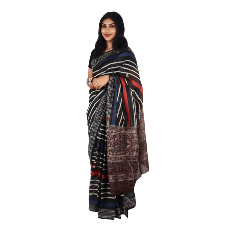 Multicoloured Chanderi Silk Saree with Floral Pattern & Stripes - Image 2