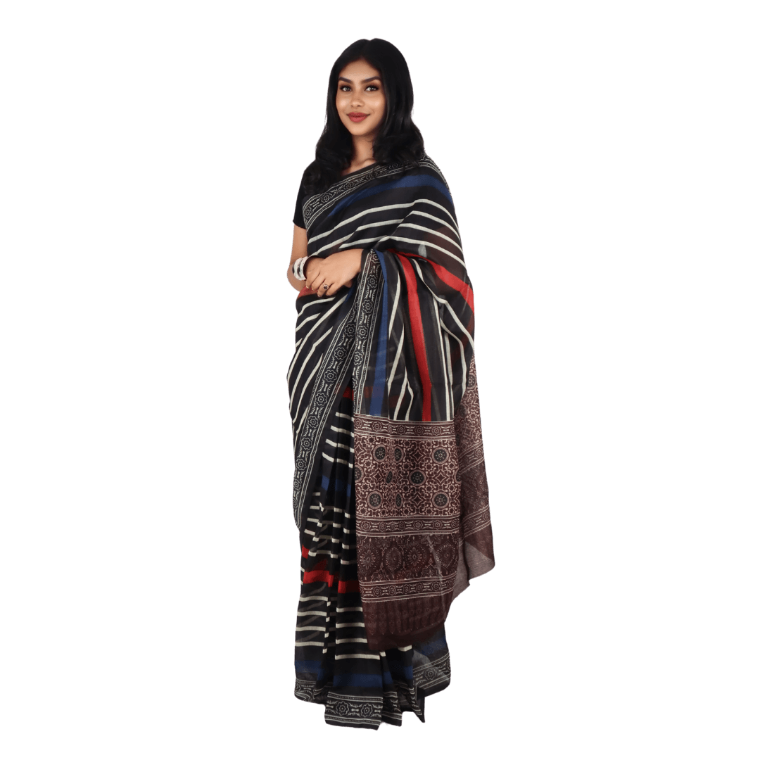 Multicoloured Chanderi Silk Saree with Floral Pattern & Stripes