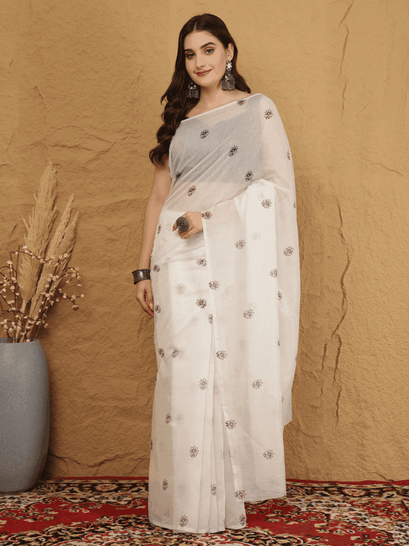 White Chanderi Silk Saree with Floral Motifs