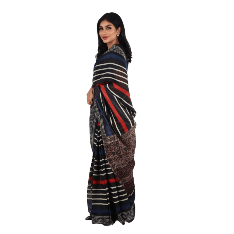 Multicoloured Chanderi Silk Saree with Floral Pattern & Stripes - Image 3