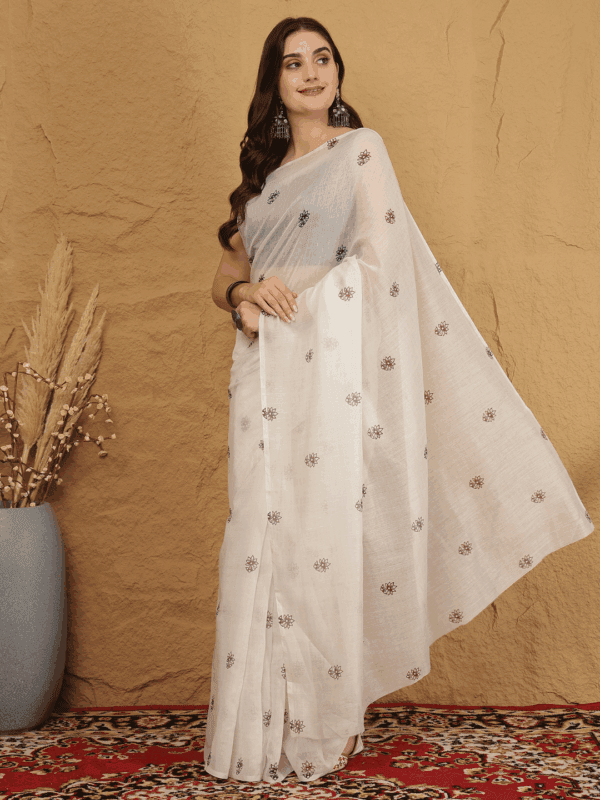 White Chanderi Silk Saree with Floral Motifs