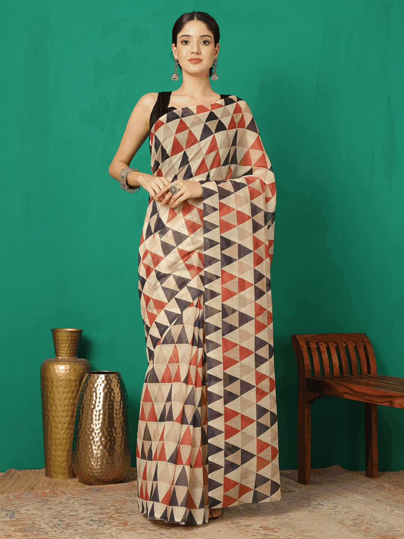 Multicoloured Chanderi Silk Saree with Geometrical Print