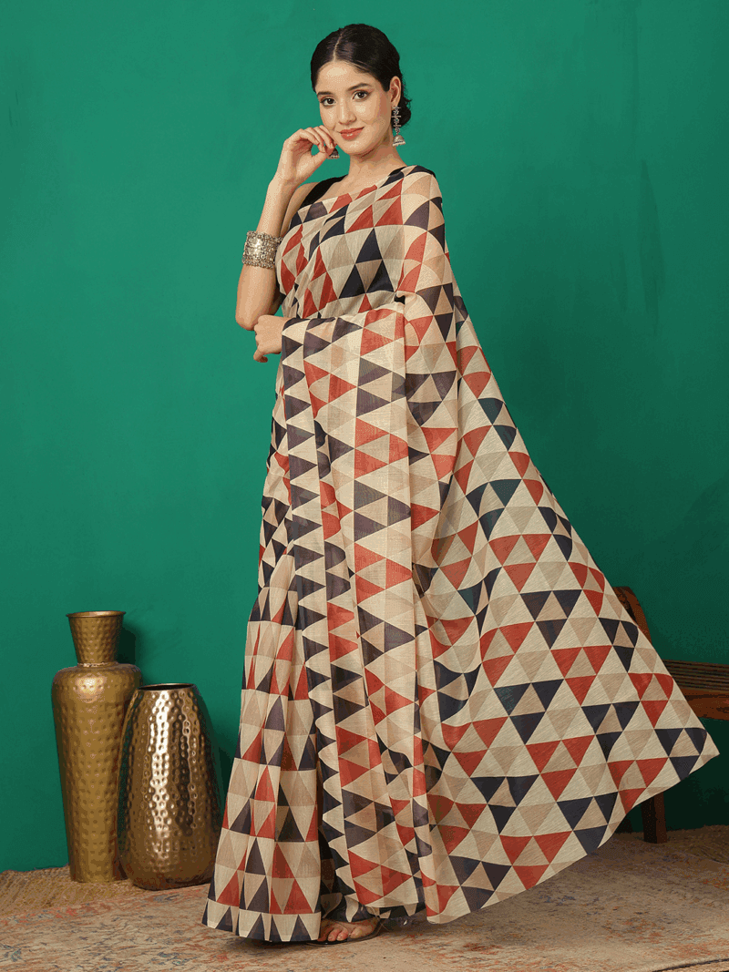 Multicoloured Chanderi Silk Saree with Geometrical Print - Image 2
