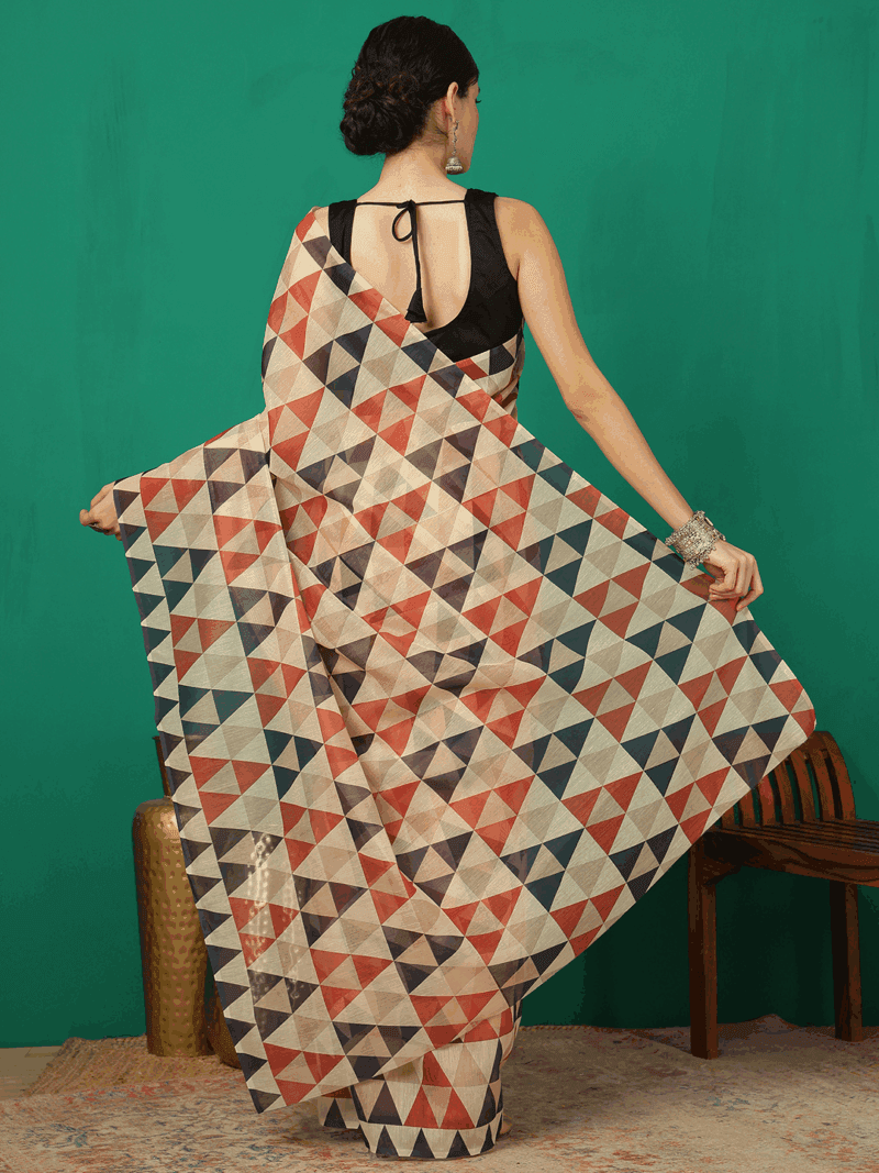 Multicoloured Chanderi Silk Saree with Geometrical Print - Image 3