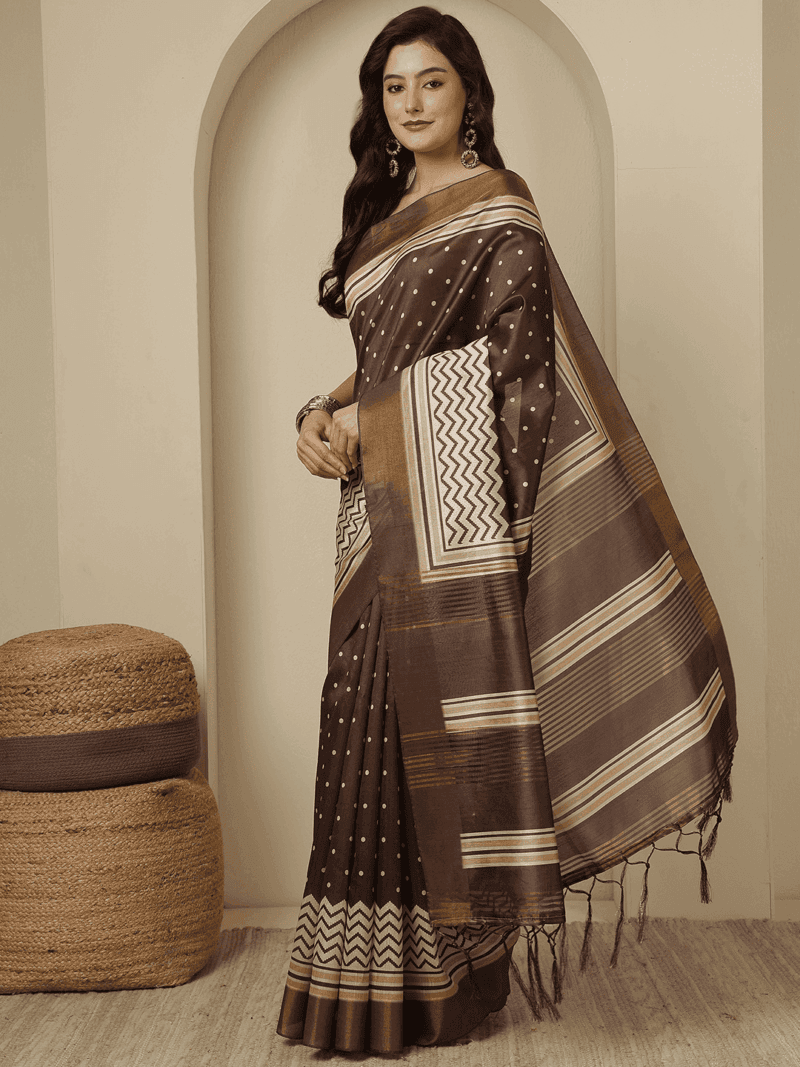 Brown Kosa Silk Saree with Zari Border - Image 2