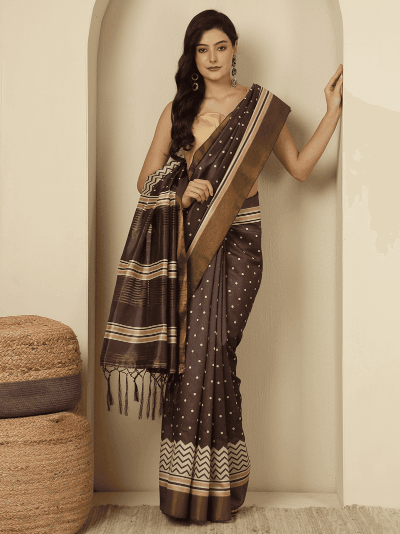 Brown Kosa Silk Saree with Zari Border - Image 3